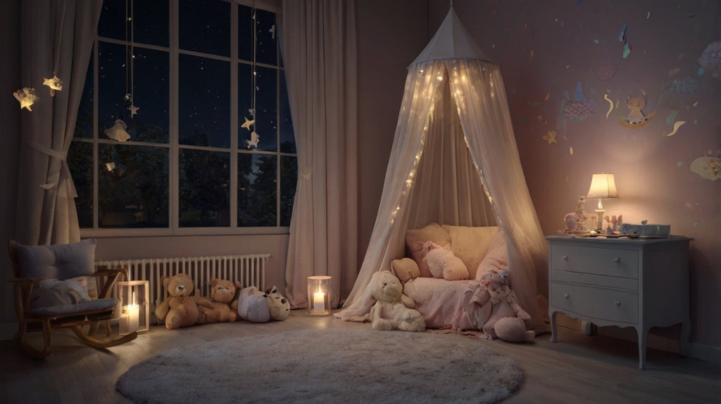 chambre bébé cozy pastel avec une tres faible luminosité pendant la nuit rideaux fermés, envirronement sombre